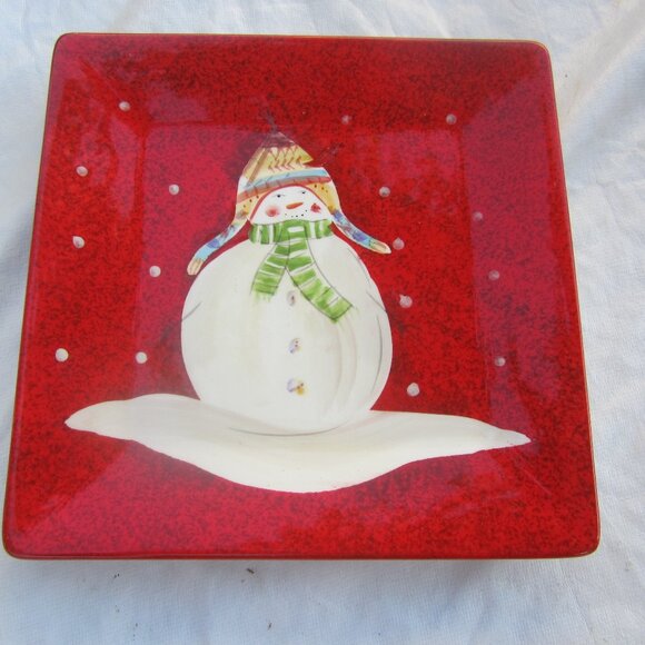 SAKURA 8'' SQUARE SNOWMAN PLATE, WHIMSICAL PLATE - Picture 1 of 2